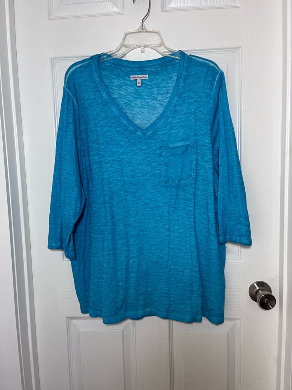 Sunsets and Sweet Tea, 100% Cotton Turquoise V-Neck Pocket Long Sleeve Top